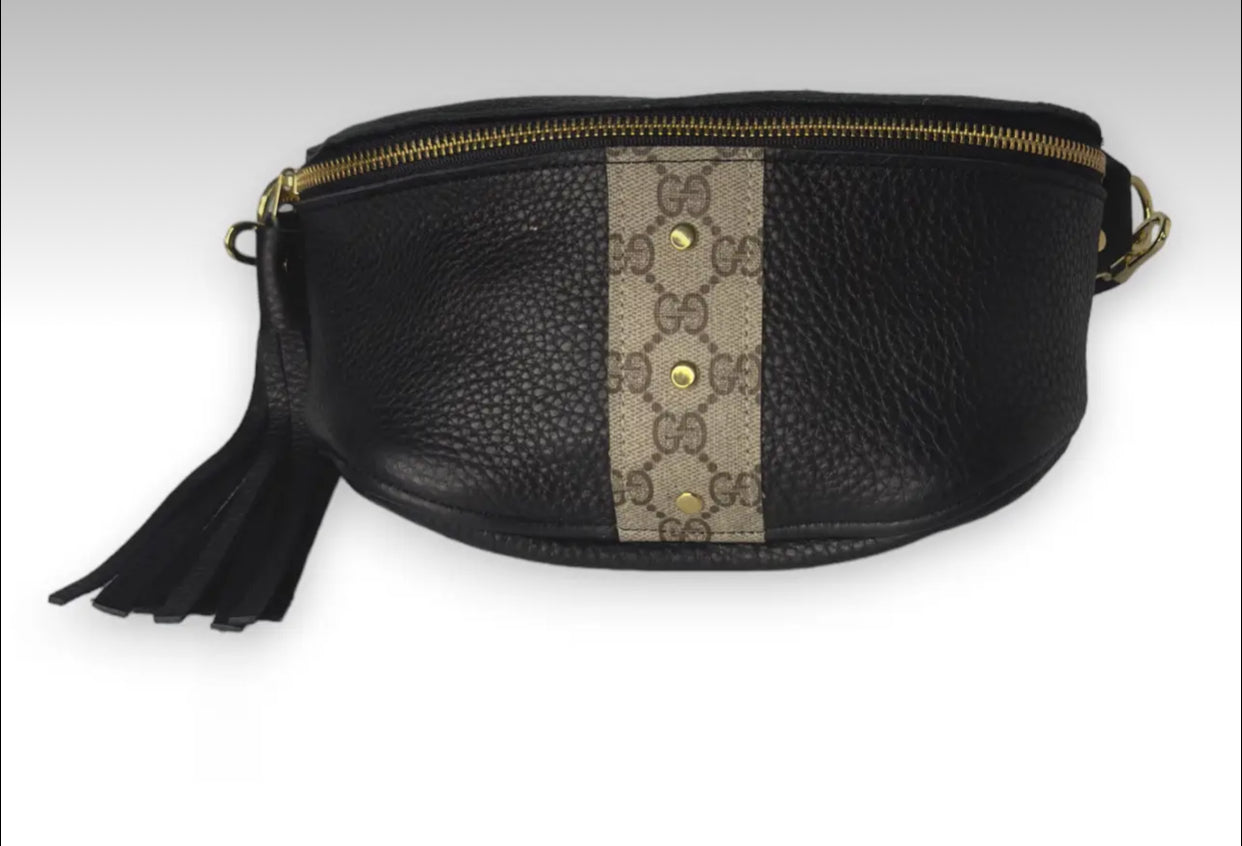 Black Leather Belt Bag / Genuine Upcycled Accents