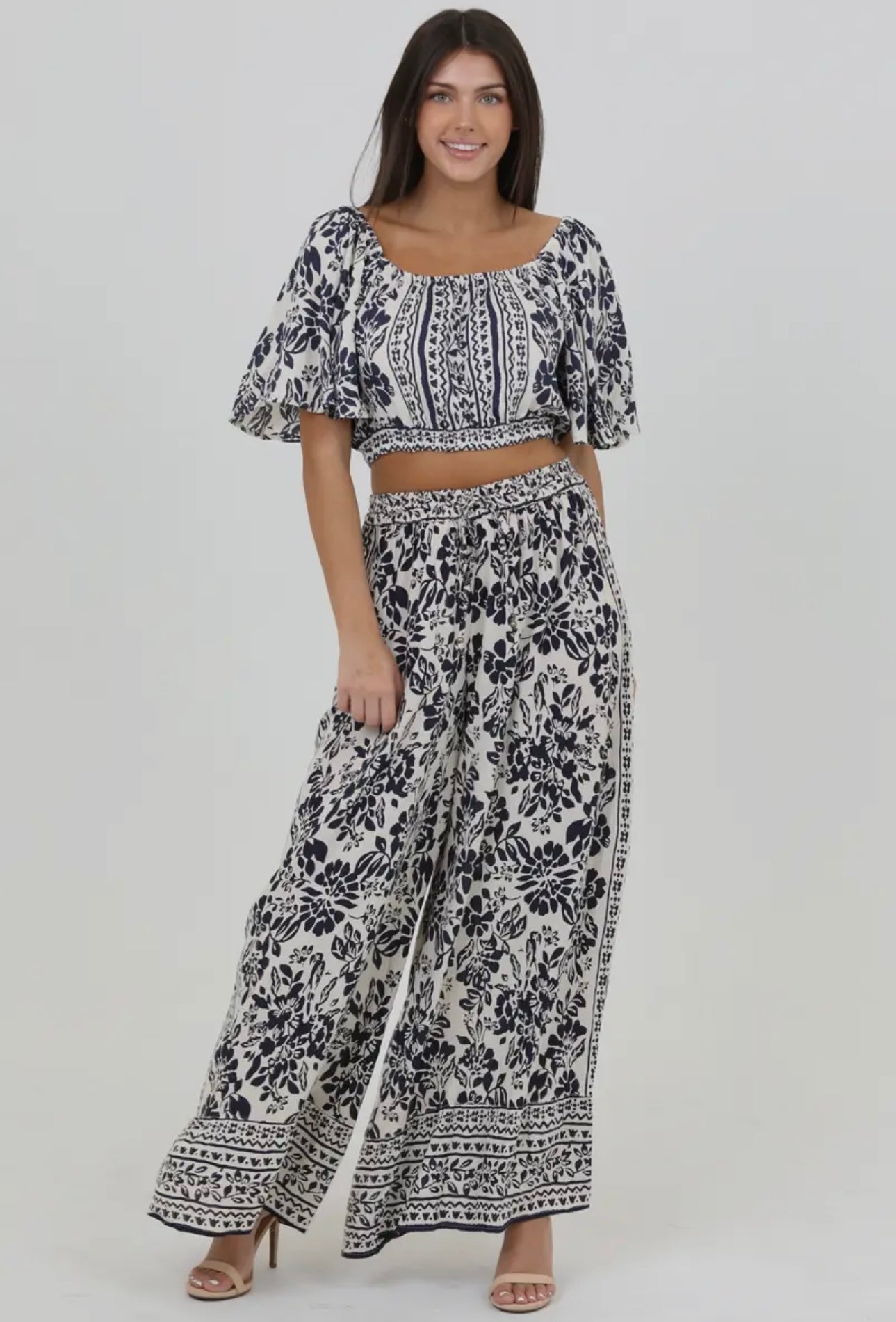 Wide Leg Printed Pants W/ Tie Waist