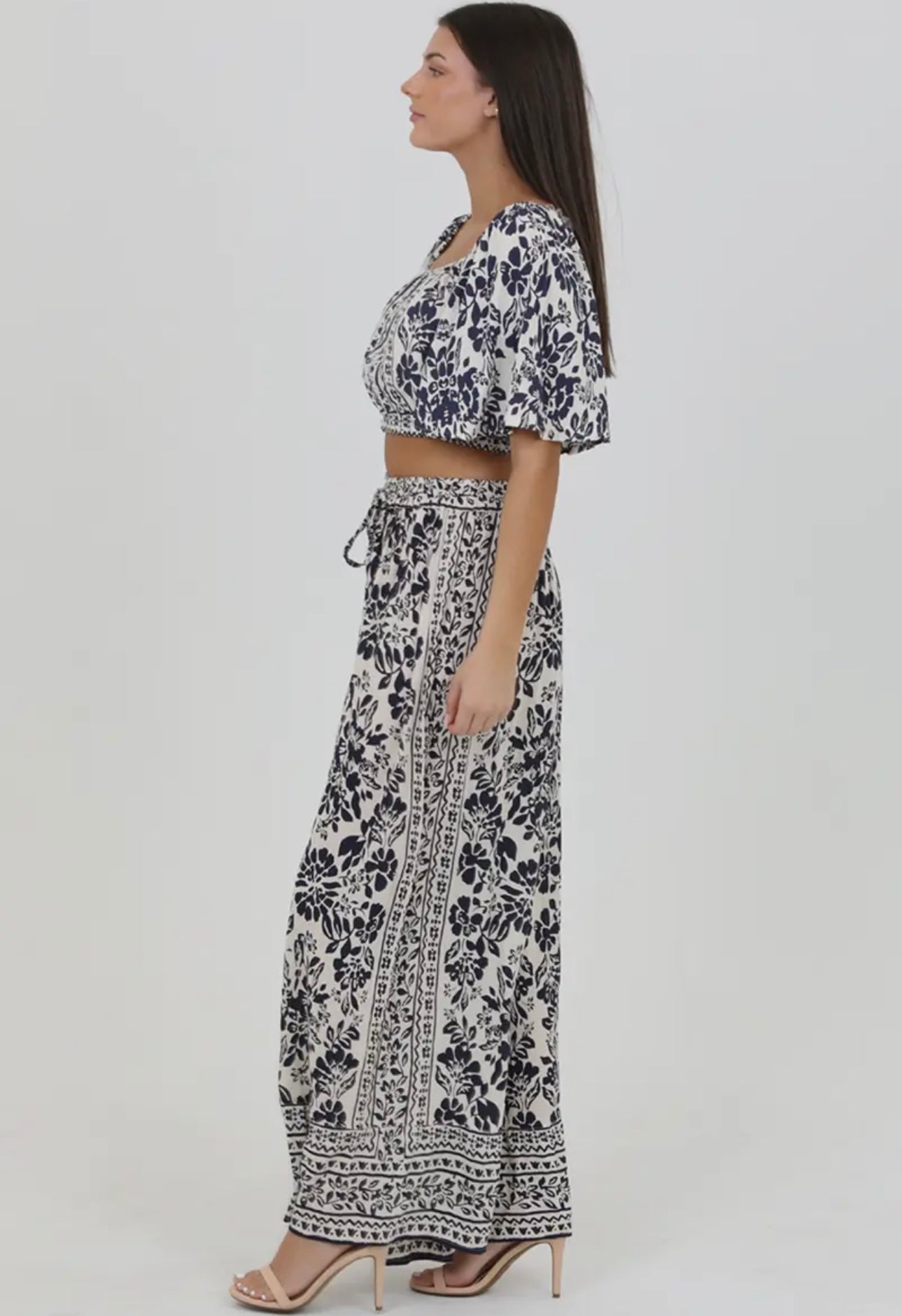 Wide Leg Printed Pants W/ Tie Waist