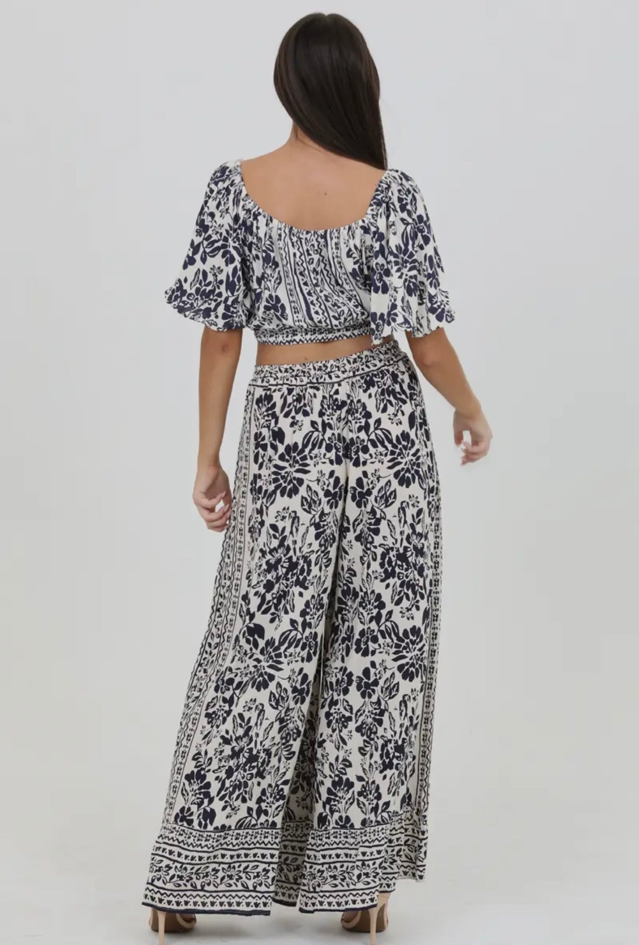 Wide Leg Printed Pants W/ Tie Waist