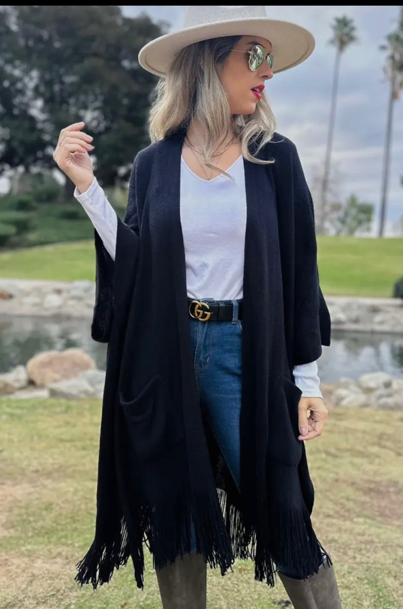 Black Soft Knitted Pocket Kimono Cardigan W/Fringe