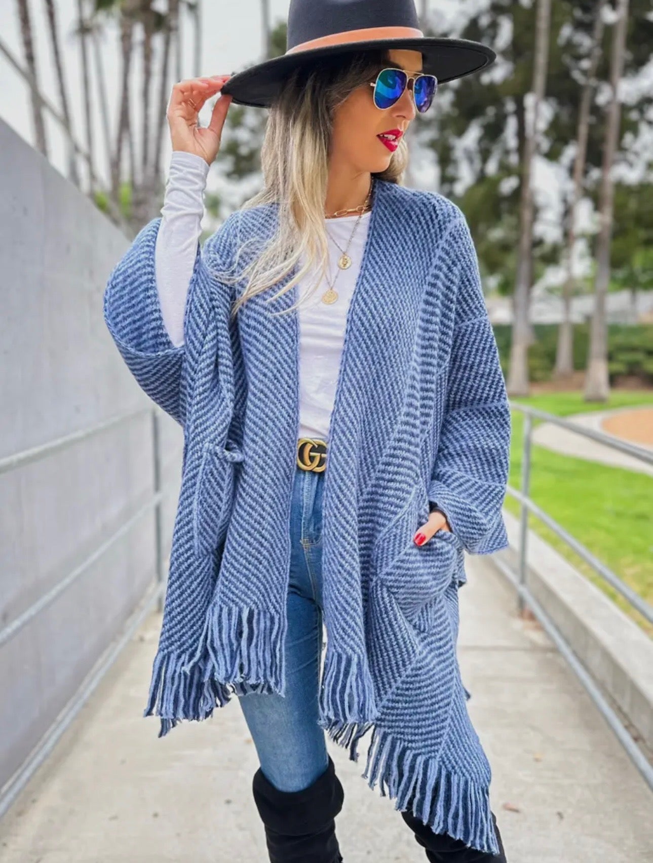 Chevron Knitted Ruana Cardigan with Tassles