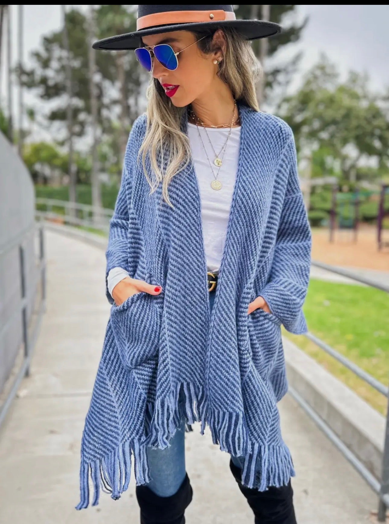 Chevron Knitted Ruana Cardigan with Tassles