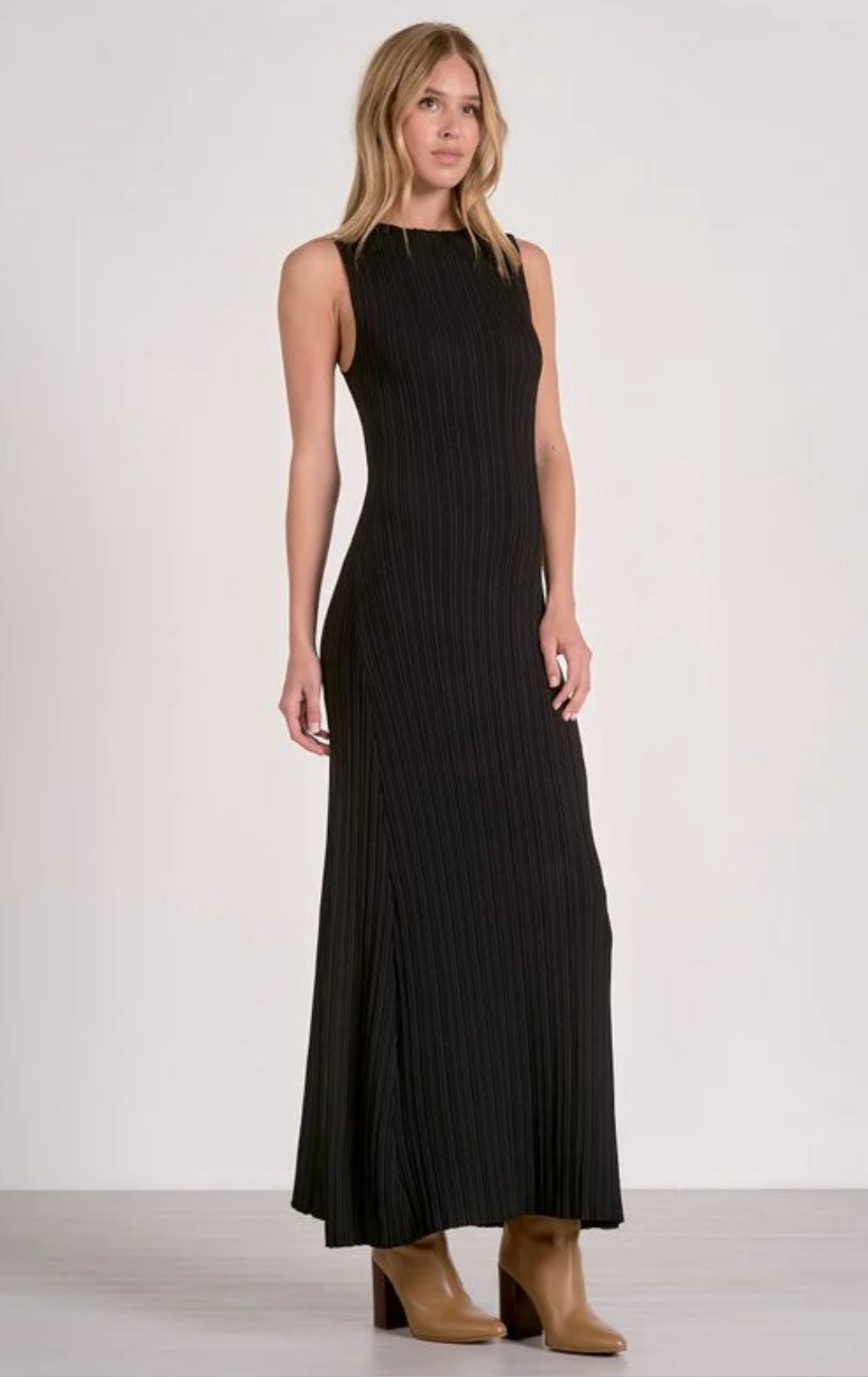 Black Ribbed Knit Sweater Midi Dress
