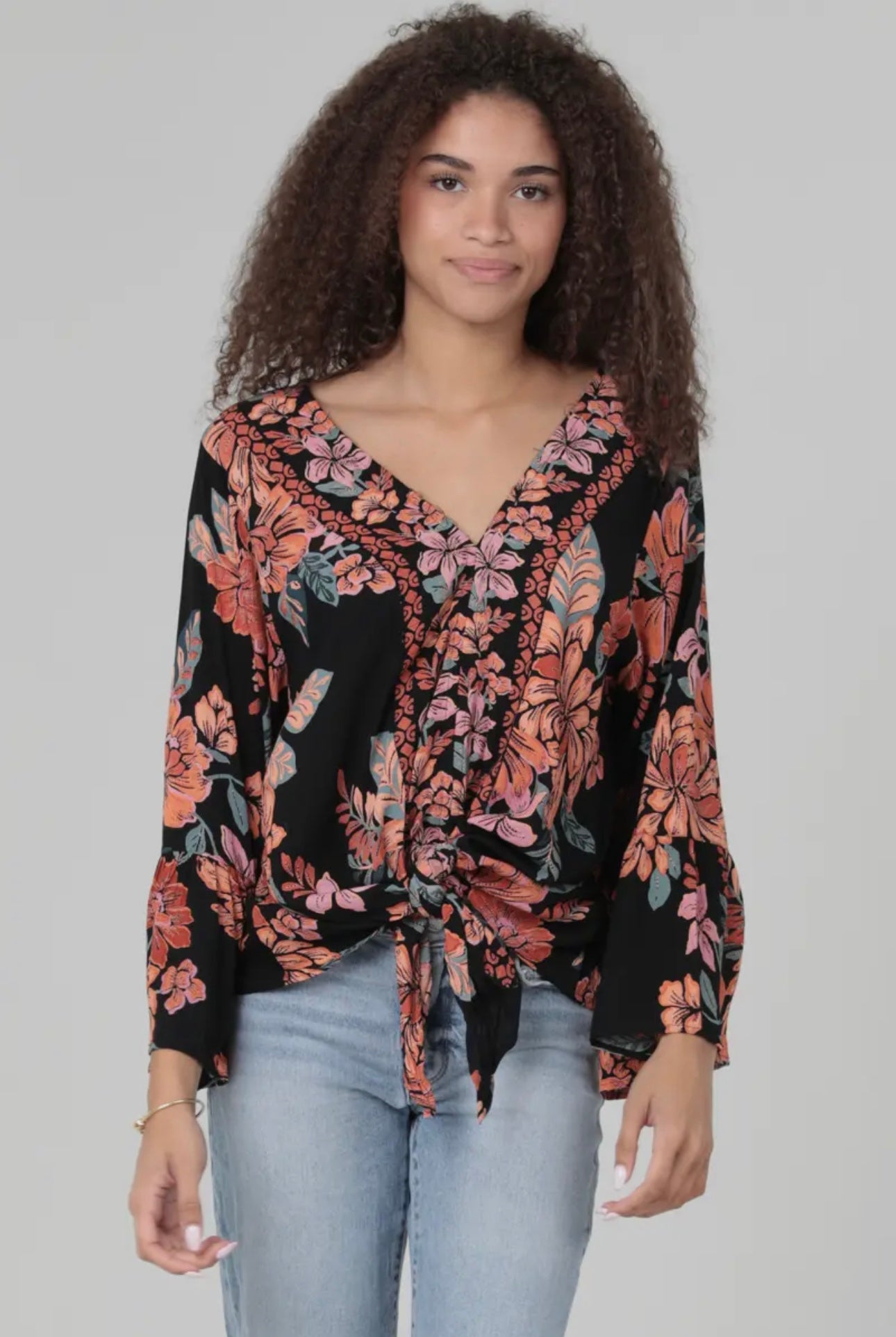 V Neck Twist Front Tie Waist Flare Sleeve Blouse