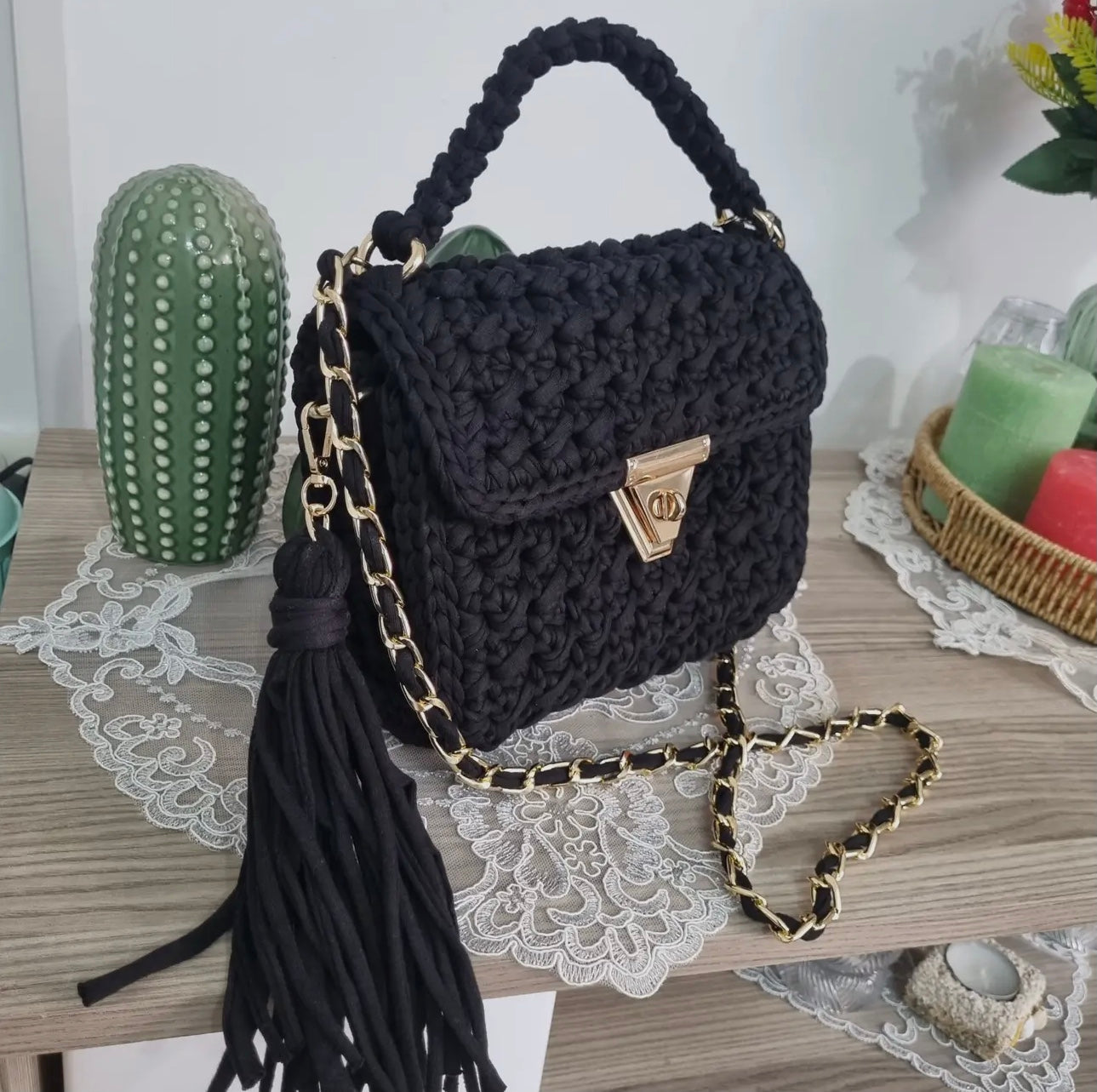 CHQEL Black Handmade Crochet Shoulder Bag