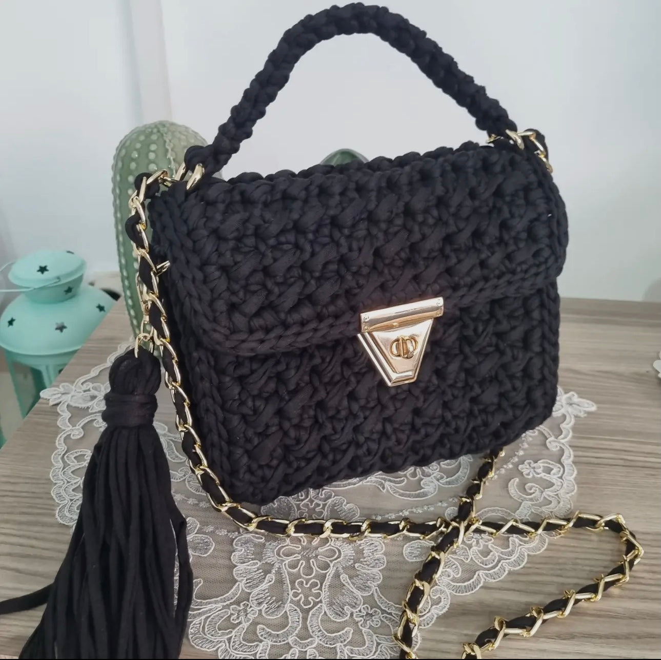CHQEL Black Handmade Crochet Shoulder Bag