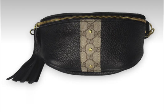 Black Leather Belt Bag / Genuine Upcycled Accents