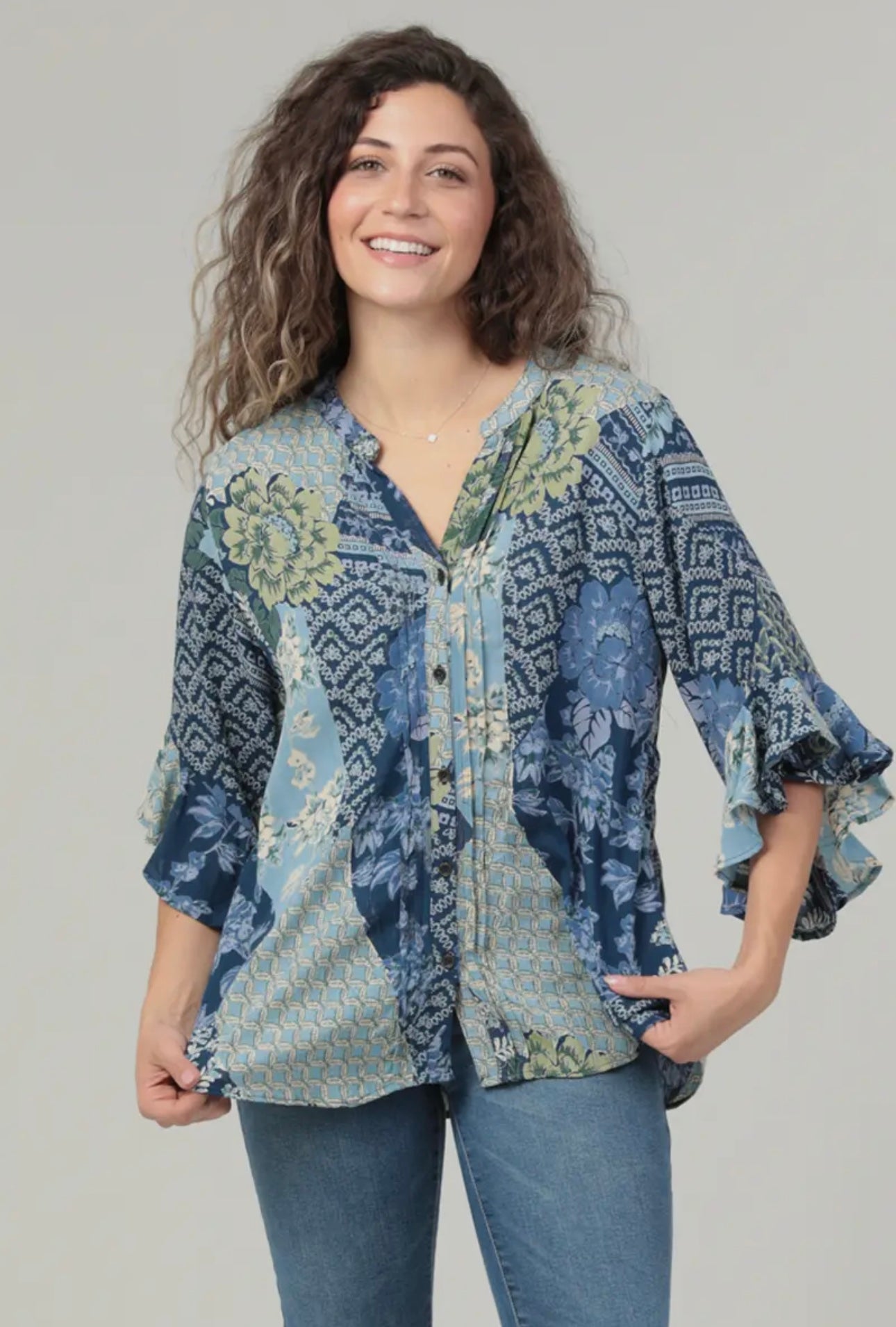 Button Front Ruffle Sleeve Shirt