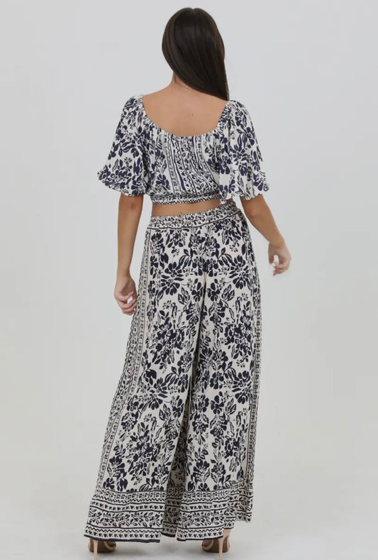 Wide Leg Printed Pants W/ Tie Waist