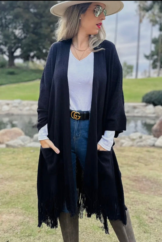 Black Soft Knitted Pocket Kimono Cardigan W/Fringe