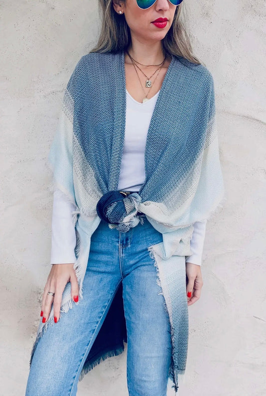 Blue Ombré Stripe Kimono Cardigan W/Fringe