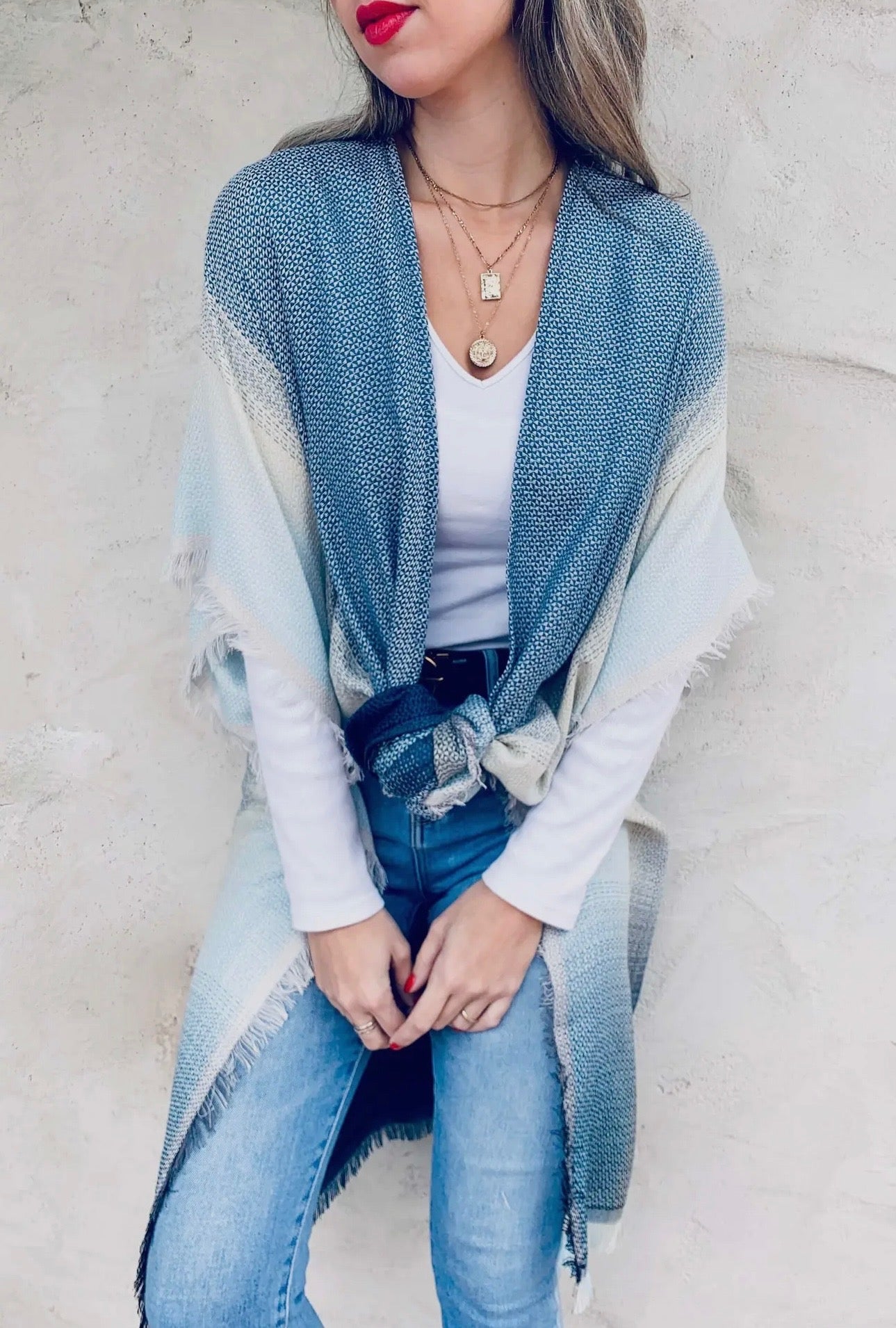 Blue Ombré Stripe Kimono Cardigan W/Fringe