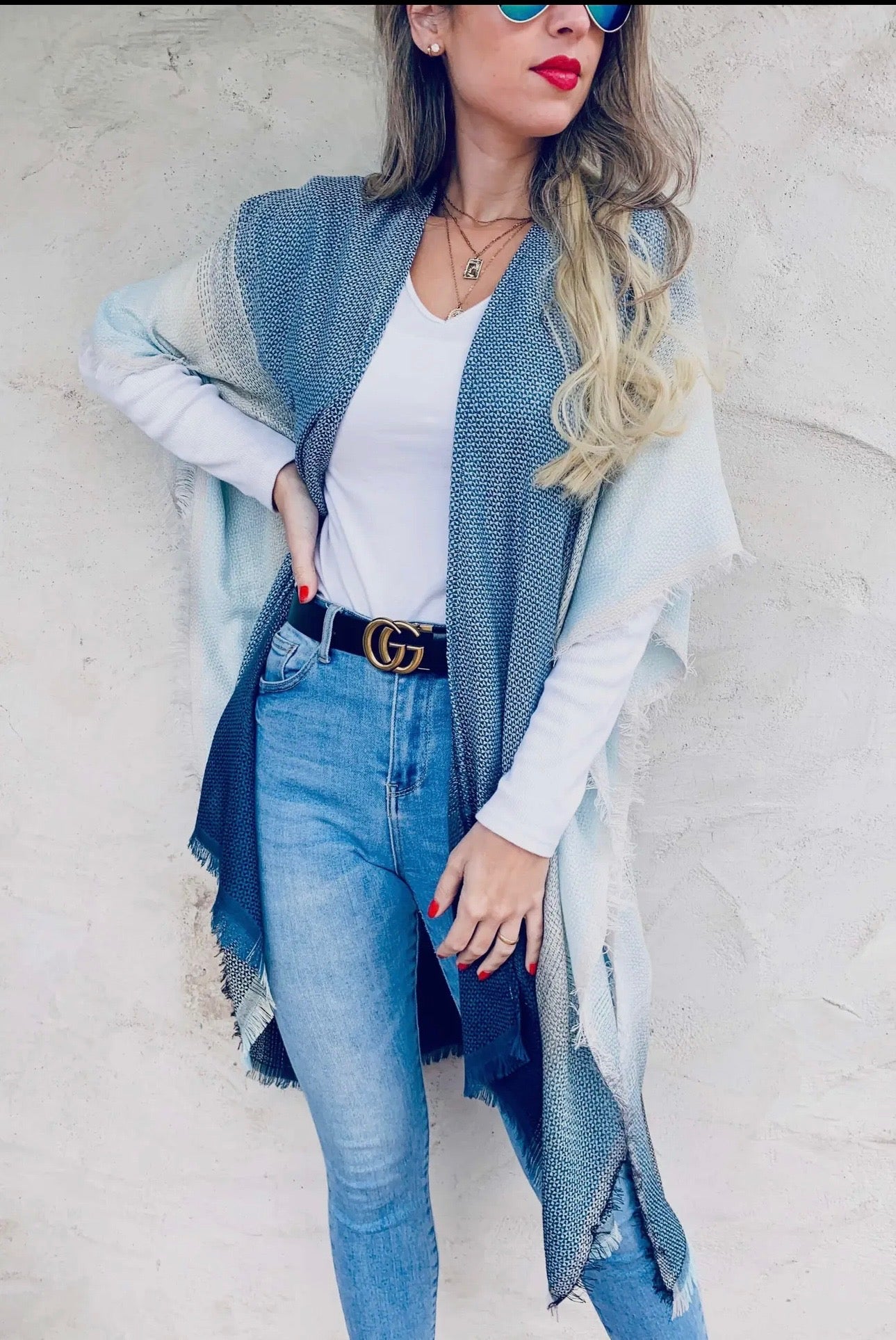 Blue Ombré Stripe Kimono Cardigan W/Fringe