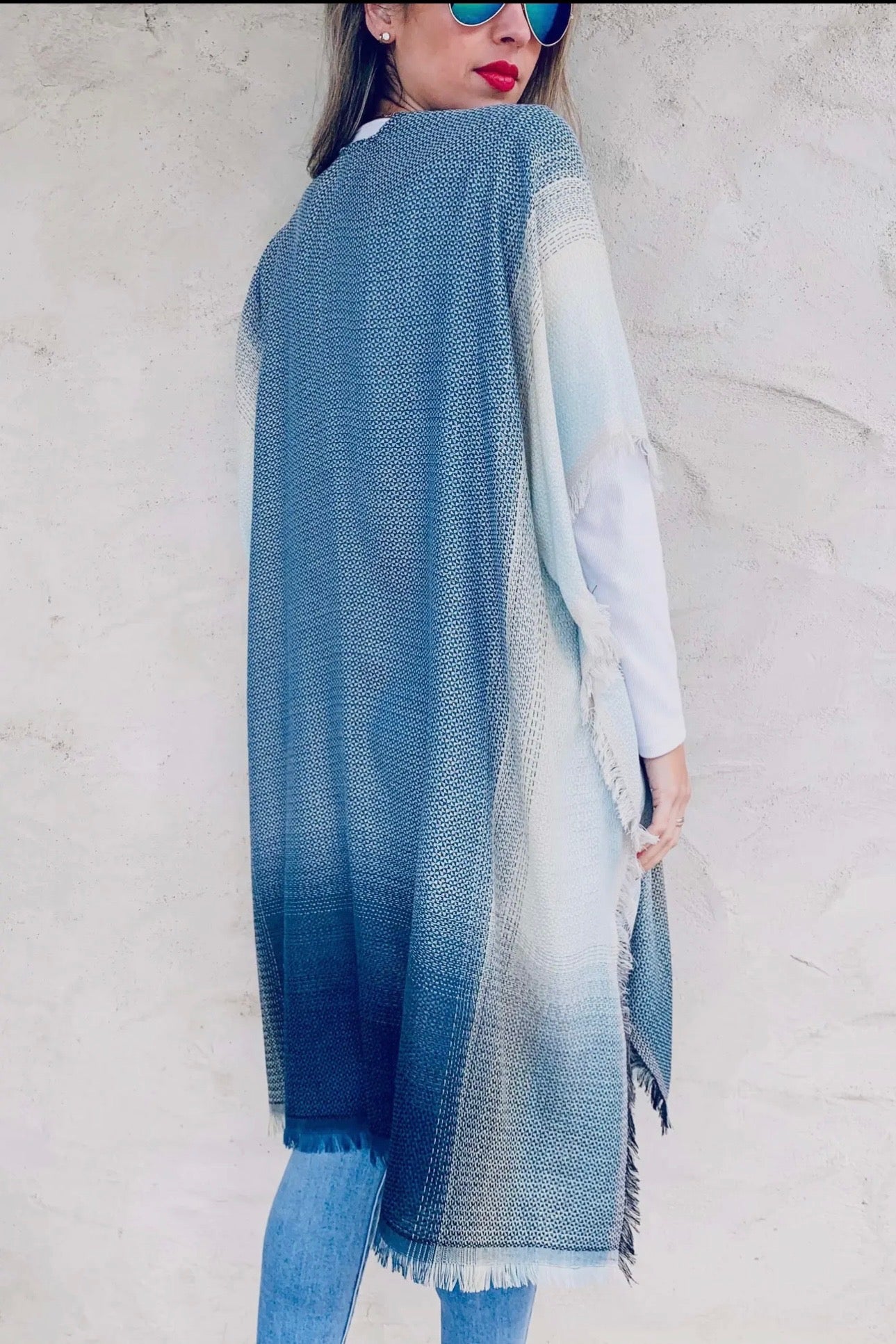 Blue Ombré Stripe Kimono Cardigan W/Fringe