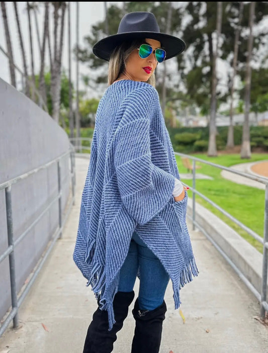 Chevron Knitted Ruana Cardigan with Tassles