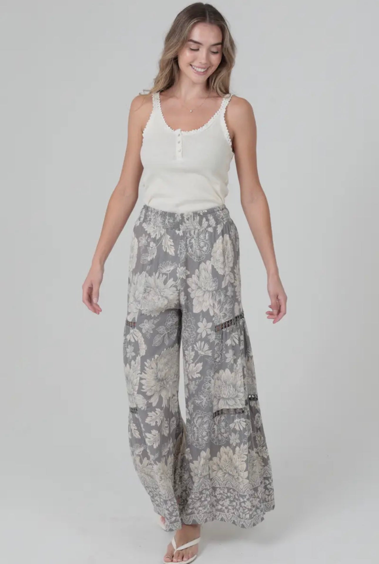 Silver Lurex Lace Trim Floral Print Wide Leg Pants
