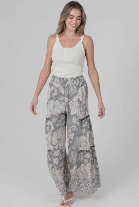 Silver Lurex Lace Trim Floral Print Wide Leg Pants
