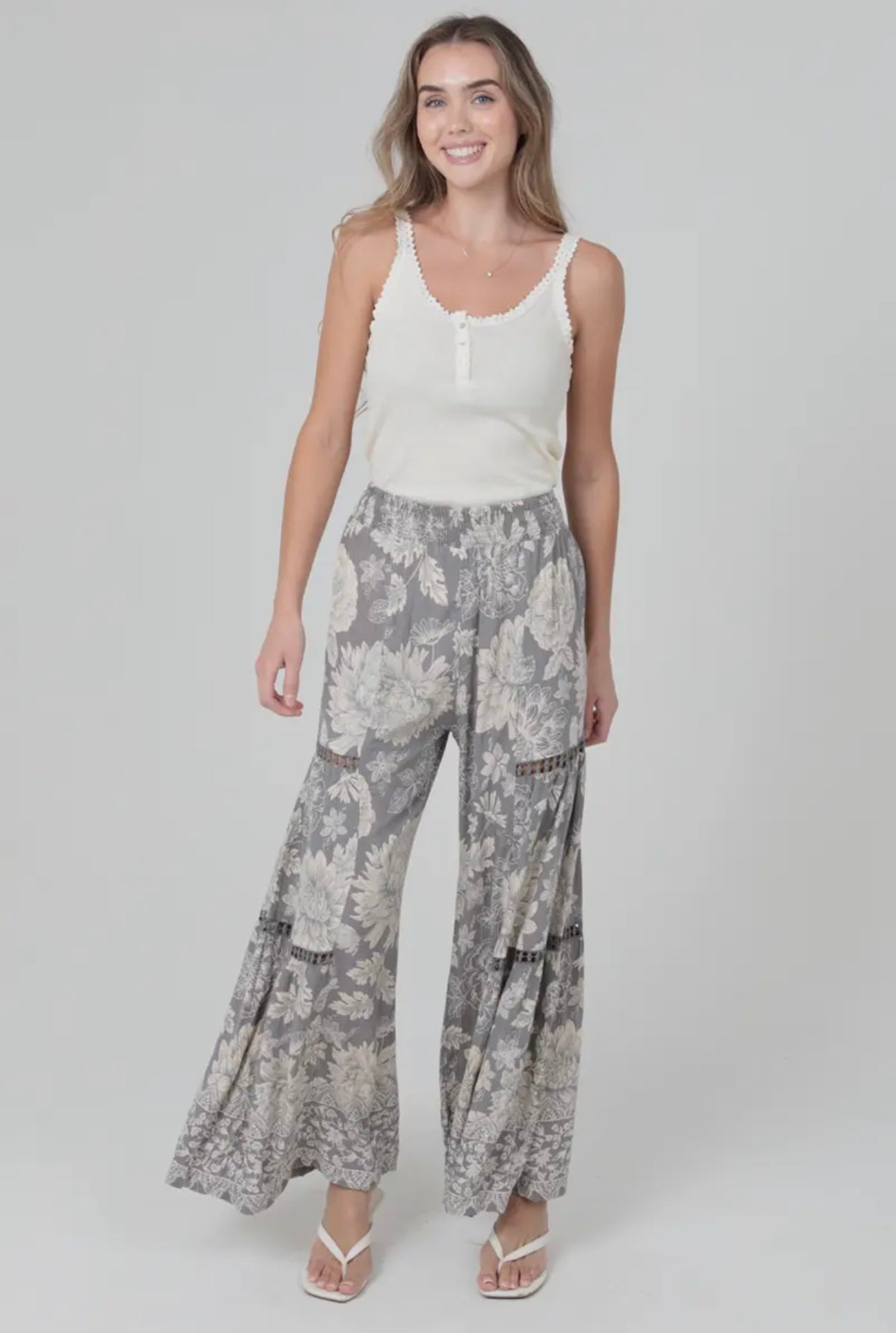 Silver Lurex Lace Trim Floral Print Wide Leg Pants