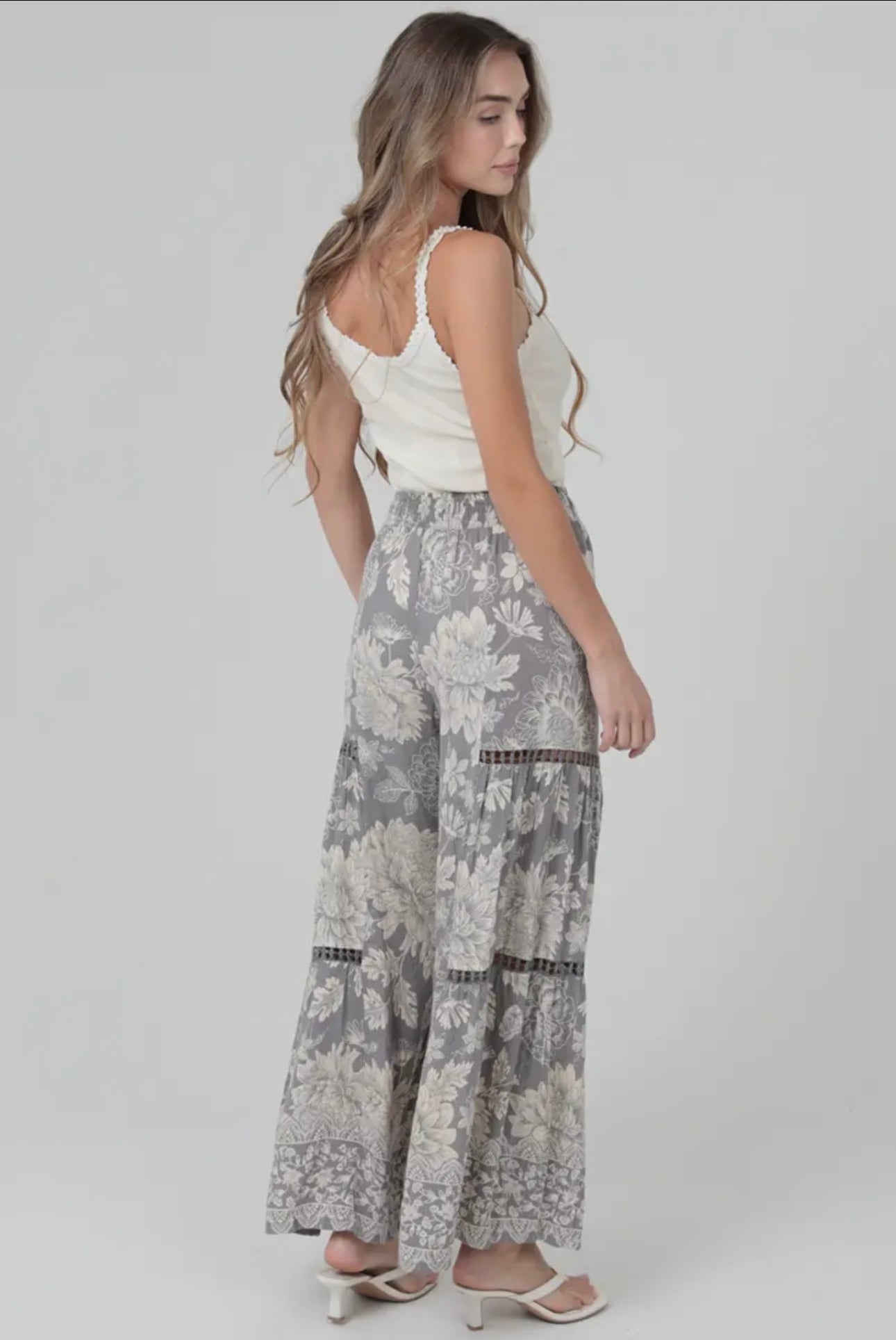 Silver Lurex Lace Trim Floral Print Wide Leg Pants