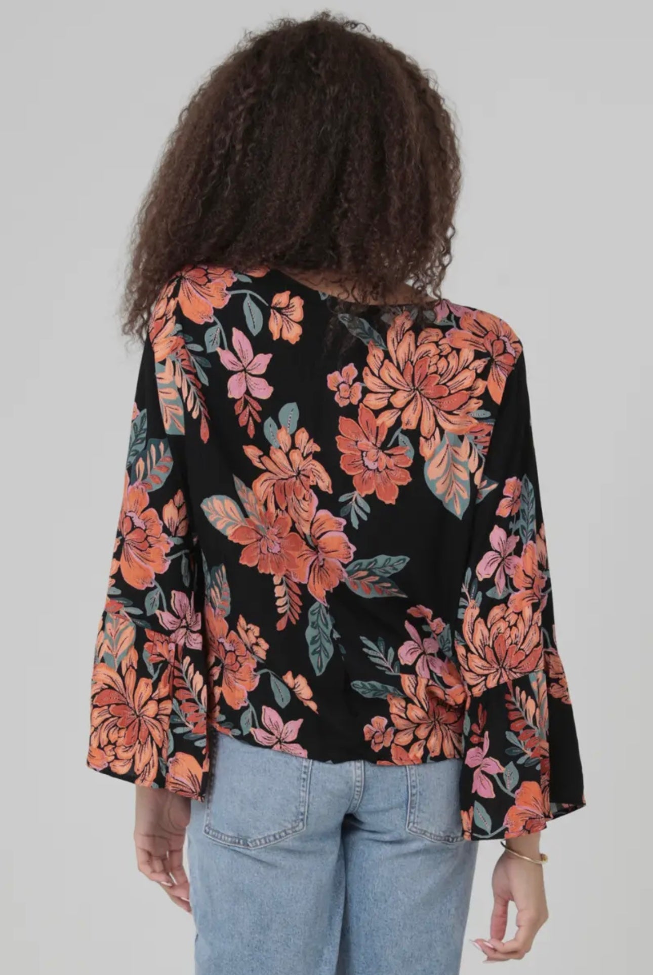V Neck Twist Front Tie Waist Flare Sleeve Blouse