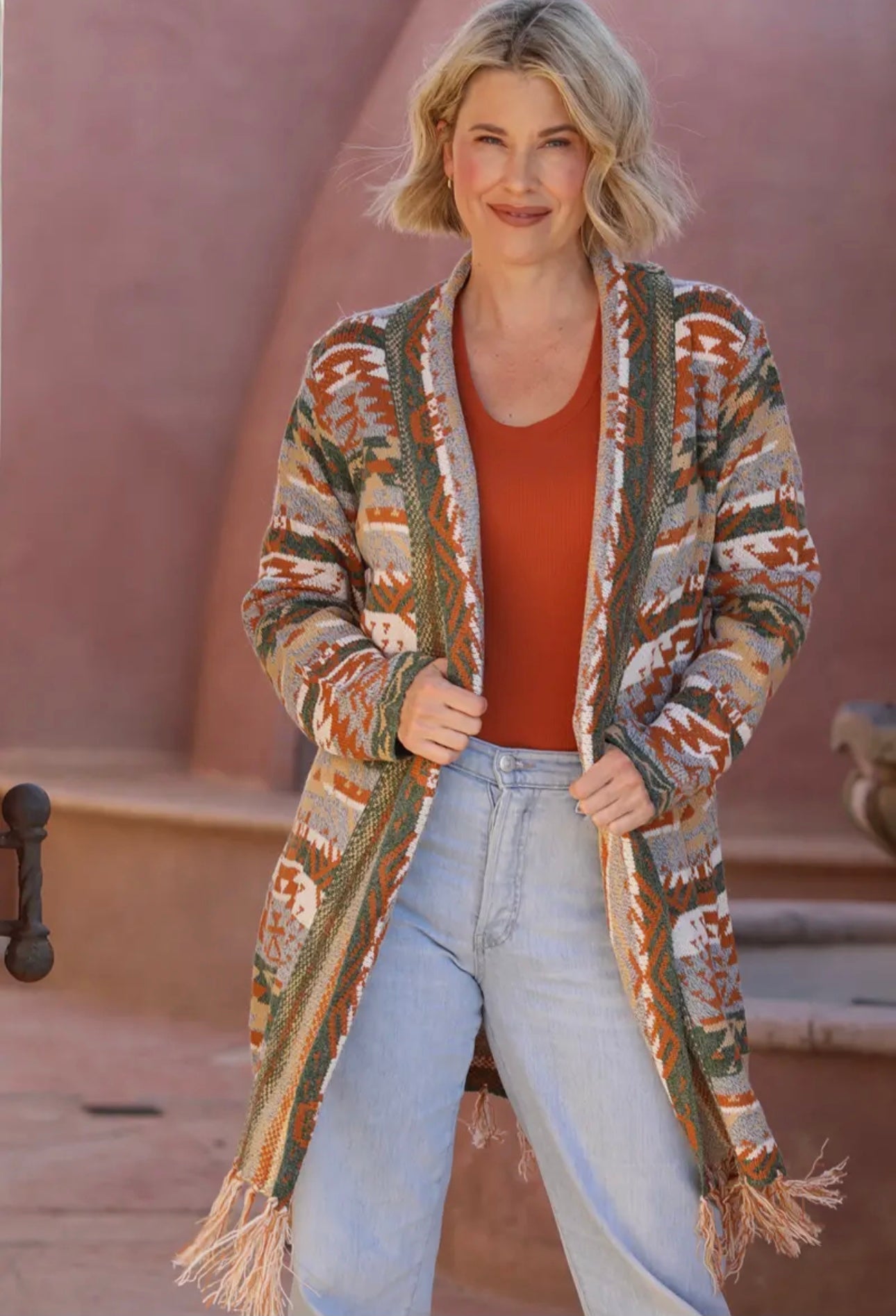 Fringe Hem Aztec Cardigan Sweater