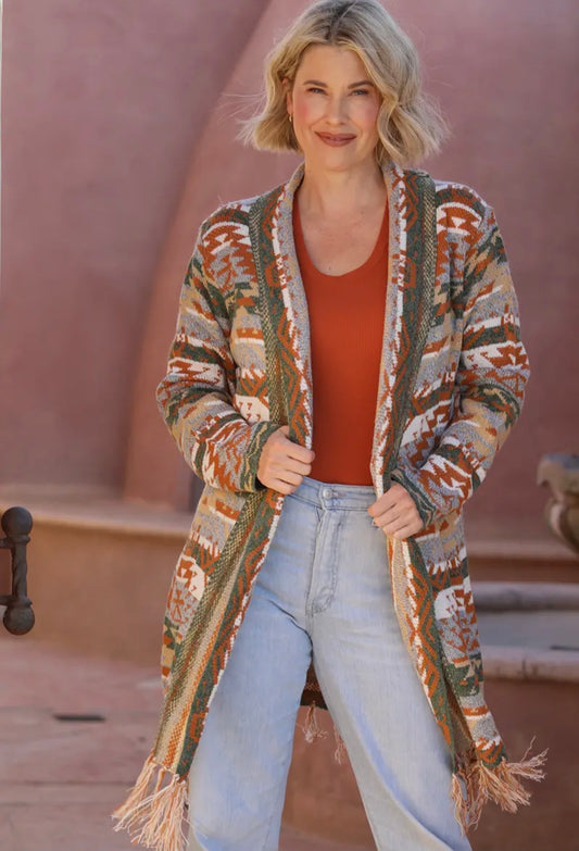 Fringe Hem Aztec Cardigan Sweater