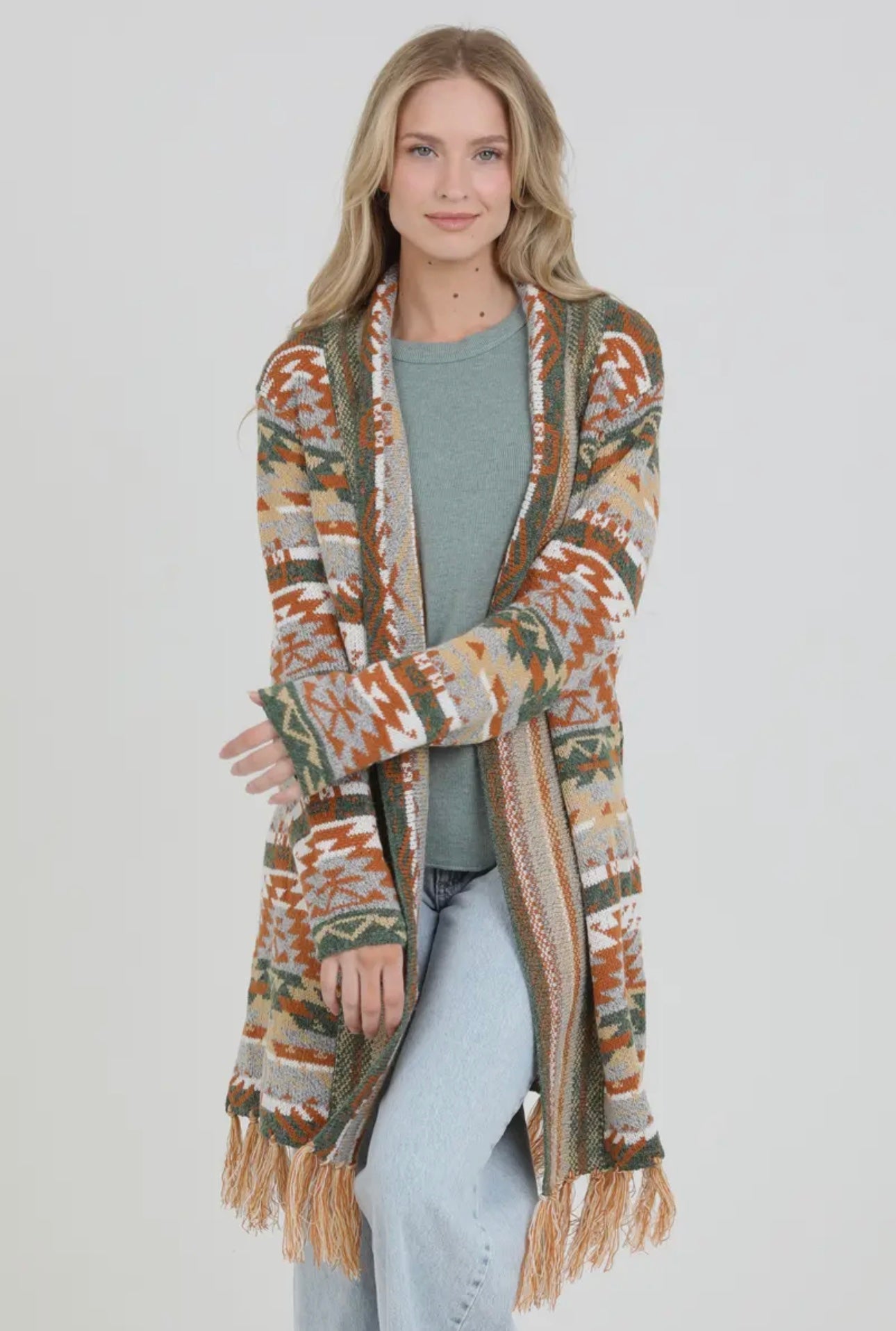 Fringe Hem Aztec Cardigan Sweater