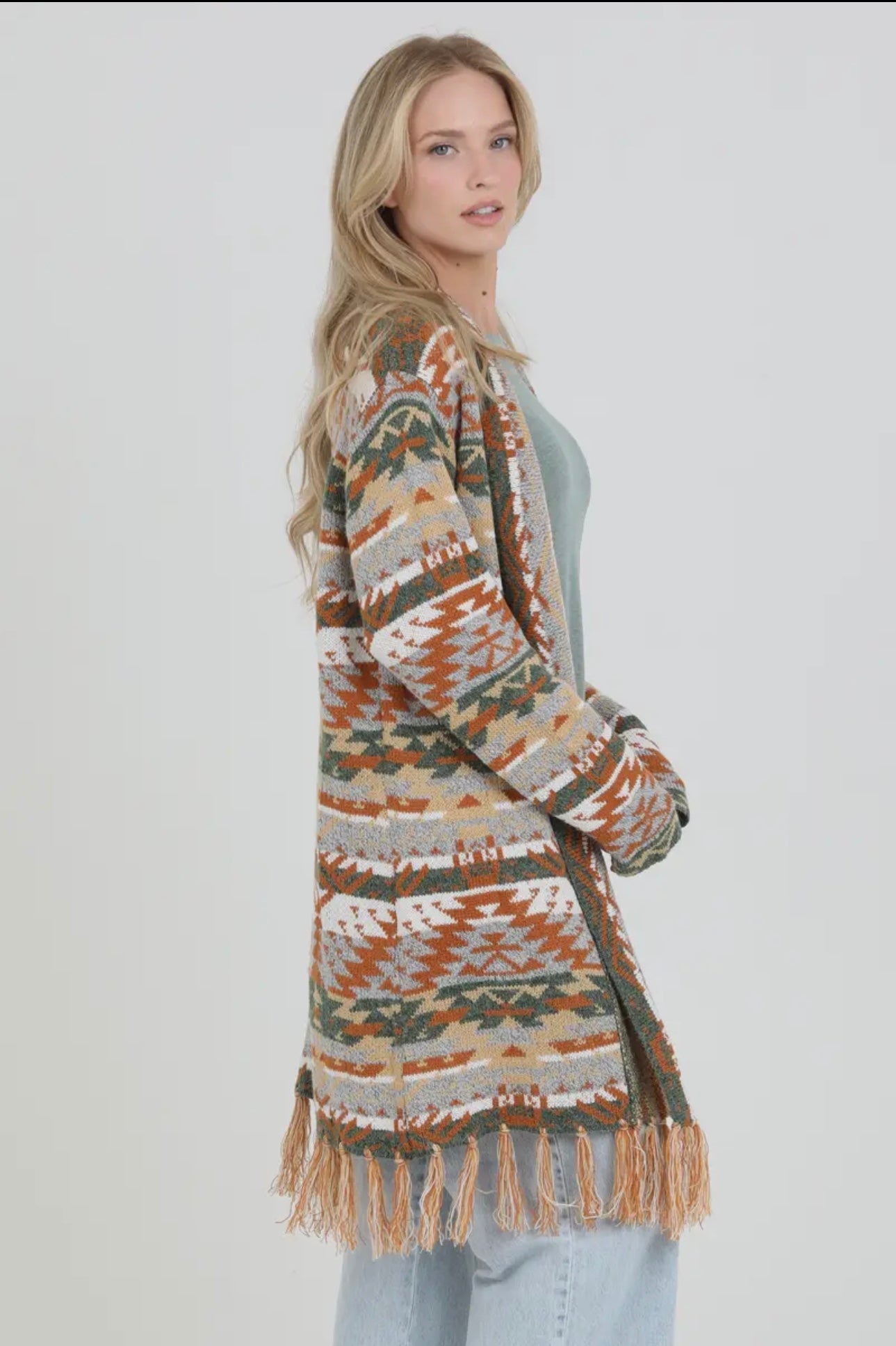 Fringe Hem Aztec Cardigan Sweater