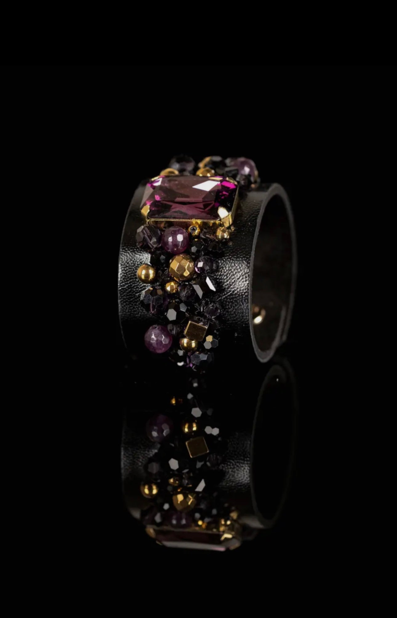 Black Leather Cuff Bracelet W/Purple Crystal