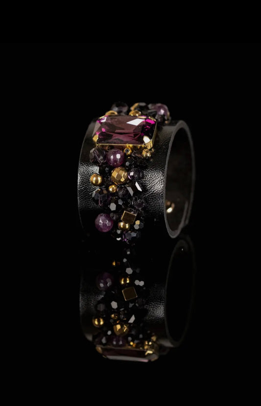 Black Leather Cuff Bracelet W/Purple Crystal