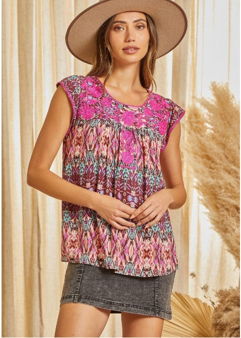 Magenta, Turquoise and Mohagany Print Top